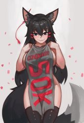 Rule 34 | 1girl, animal ear fluff, animal ears, banner, black hair, black thighhighs, blue eyes, blush, borrowed character, breasts, commentary, commentary typo, congratulations, covering privates, ear piercing, english commentary, fang, fox ears, fox tail, groin, hair between eyes, holding, kiri (sub-res), large breasts, lips, looking at viewer, milestone celebration, nude, original, paintrfiend, piercing, simple background, smile, solo, tail, thighhighs, thighs, white background