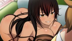Rule 34 | 10s, 1boy, 1girl, ass, bent over, black hair, blush, bottomless, bra, breasts, brown hair, cleavage, couch, grin, large breasts, lingerie, long hair, master nemesis, smile, tan, to love-ru, to love-ru darkness, underwear, yellow eyes, yuuki rito