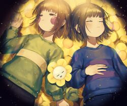 Rule 34 | 2others, absurdres, arm at side, black pants, blue shirt, blush stickers, bob cut, brown hair, chara (undertale), closed eyes, closed mouth, commentary, double horizontal stripe, drooling, flower, flowey (undertale), frisk (undertale), from above, green shirt, hand on own stomach, hand up, highres, l1m3candy, light particles, loose hair strand, lying, mixed-language commentary, multiple others, narrowed eyes, on back, pants, purple skirt, red eyes, shirt, short hair, side-by-side, single horizontal stripe, skirt, sleeping, spotlight, two-tone shirt, undertale, upper body, yellow flower, yellow shirt