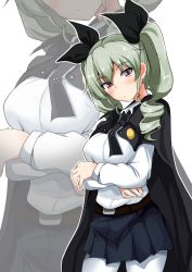 Rule 34 | 10s, 1girl, anchovy (girls und panzer), belt, black necktie, black skirt, blush, breast hold, breasts, cape, contrapposto, cowboy shot, drill hair, emblem, female focus, girls und panzer, green hair, hair ribbon, long hair, long sleeves, looking at viewer, miniskirt, necktie, pantyhose, pleated skirt, poshi (ginmokusei), red eyes, ribbon, school uniform, shirt, skirt, solo, standing, twin drills, twintails, white background, white pantyhose, white shirt