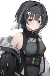 Rule 34 | 1girl, ahoge, arknights, azuazu 0405, bare shoulders, black hair, black jacket, breasts, closed mouth, grey eyes, hair between eyes, hair intakes, hair ornament, hairclip, highres, jacket, la pluma (arknights), off shoulder, open clothes, open jacket, simple background, sleeveless, small breasts, solo, upper body, white background