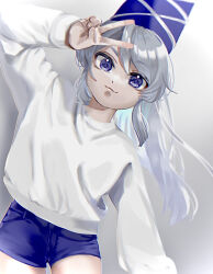 Rule 34 | :3, blue eyes, blue hat, blue shorts, grey hair, hand up, hat, long hair, looking at viewer, mononobe no futo, oishiinori 1248, ponytail, short shorts, shorts, simple background, sweater, tate eboshi, touhou, v, white background, white sweater