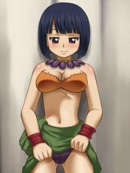 Rule 34 | 1girl, awa, bare shoulders, blue hair, blush, bra, bracelet, breasts, cleavage, closed mouth, clothes lift, facing viewer, fairy tail, flashing, half-closed eyes, hime cut, holding, holding clothes, holding skirt, jewelry, looking down, lulu (fairy tail), medium breasts, midriff, navel, necklace, orange bra, panties, pantyshot, purple eyes, purple panties, short hair, skirt, skirt lift, smile, solo, standing, stomach, thigh gap, underwear, upskirt