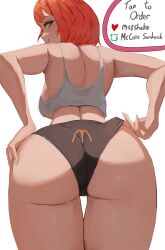 Rule 34 | 1girl, ass, black panties, closed mouth, commentary, crop top, english commentary, english text, green eyes, highres, leaning forward, like and retweet, looking at viewer, looking back, mature female, medium hair, mirai hikari, mother (yoru mac), orange hair, panties, panty pull, product girl, pulling own clothes, shirt, simple background, smile, solo, underwear, white background, white shirt, yoru mac