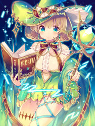 Rule 34 | 1girl, :o, absurdres, bare shoulders, blue eyes, blush, book, commentary request, dress, earrings, fingernails, glint, green dress, green hat, green nails, hair between eyes, hat, highres, holding, holding book, holding wand, ikari (aor3507), jewelry, light brown hair, long sleeves, looking at viewer, nail polish, open book, orb, original, parted lips, short dress, short hair, solo, wand, wide sleeves, witch, witch hat