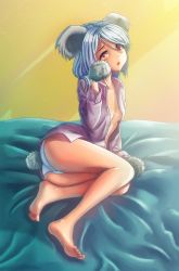 Rule 34 | 1girl, animal ears, animal hands, ass, barefoot, bed sheet, blue hair, breasts, feet, highres, lying, open clothes, open shirt, original, panties, paw pose, raiine rand, red eyes, shirt, short hair, small breasts, soles, solo, tail, toes, underwear
