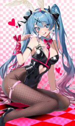 Rule 34 | 1girl, animal ear hairband, animal ears, blue eyes, blue hair, blush, bow, bowtie, card, checkered background, checkered floor, clothing cutout, commentary request, covered navel, detached collar, fake animal ears, fishnet pantyhose, fishnets, hair bow, hair ornament, hairband, hairclip, hatsune miku, heart, heart-shaped pupils, heart cutout, high heels, highres, leotard, long hair, multicolored hair, o-ring, o-ring thigh strap, pantyhose, pink hair, playboy bunny, playing card, rabbit ear hairband, rabbit ears, rabbit hole (vocaloid), ribbon, roozaku, sitting, smile, solo, symbol-shaped pupils, teardrop facial mark, thigh strap, tongue, tongue out, twintails, very long hair, vocaloid, wrist ribbon, x hair ornament