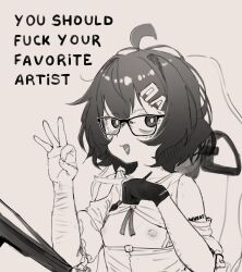 1girl ahoge artist_glove body_writing cuts english_text flat_chest glasses greyscale hair_ornament hairclip hands_up highres injury looking_at_viewer monochrome nipples open_mouth original penetration_gesture self-harm_scar shintikku short_hair short_sleeves simple_background solo upper_body