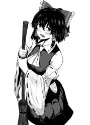 Rule 34 | 1girl, absurdres, ascot, blush, bow, broom, detached sleeves, greyscale, hair bow, hair tubes, hakurei reimu, highres, holding, holding broom, looking at viewer, medium hair, monochrome, nontraditional miko, open mouth, ribbon-trimmed sleeves, ribbon trim, sen (daydream 53), sidelocks, simple background, skirt, solo, standing, touhou, wide sleeves