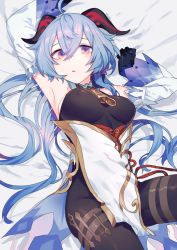 Rule 34 | ahoge, armpits, bare shoulders, bed, bed sheet, bell, black gloves, blue hair, blush, breasts, detached sleeves, ganyu (genshin impact), genshin impact, gloves, gold trim, highres, horns, long hair, looking at viewer, lying, medium breasts, moegi0926, neck bell, on back, on bed, purple eyes, solo, very long hair, vision (genshin impact), white sleeves