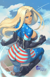 Rule 34 | 1girl, absurdres, american flag, artist logo, ass, black footwear, black gloves, blonde hair, blue eyes, blue thighhighs, bodysuit, boots, breasts, bustier, chuck pires, clenched hands, commentary, elbow gloves, english commentary, flag print, flying, from behind, gloves, highres, knee boots, large breasts, leg up, lips, long hair, mount olympus comics, nose, patriotika, sideboob, skin tight, solo, superhero costume, thighhighs, thighhighs under boots
