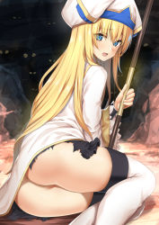 Rule 34 | 10s, 1girl, ass, b-ginga, blonde hair, blue eyes, blush, boots, commentary request, eyes visible through hair, female focus, from side, goblin slayer!, hat, long hair, looking at viewer, looking back, no panties, open mouth, priestess (goblin slayer!), sidelocks, sitting, solo, staff, thigh boots, thighhighs, torn clothes, white thighhighs, yokozuwari