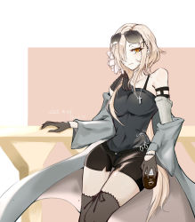 Rule 34 | 1girl, absurdres, artist name, aug (girls&#039; frontline), black gloves, black shirt, black shorts, black thighhighs, blonde hair, breasts, closed mouth, coffee cup, collarbone, cross, cross hair ornament, cross necklace, cup, dated, disposable cup, eyewear on head, flower, girls&#039; frontline, gloves, hair between eyes, hair flower, hair ornament, hair ribbon, highres, holding, holding cup, jewelry, long hair, looking at viewer, medium breasts, necklace, one eye covered, priest77, ribbon, shirt, shorts, simple background, solo, thighhighs, yellow eyes