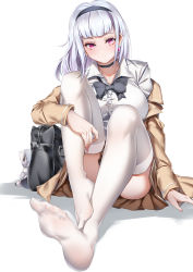 Rule 34 | 1girl, absurdres, alternate costume, azur lane, bag, blue hair, breasts, choker, dido (azur lane), doll, earrings, hairband, highres, jacket, jacket on shoulders, jewelry, large breasts, light blue hair, long hair, looking at viewer, lubikaya, no shoes, pink eyes, purple eyes, sitting, sitting on lap, sitting on person, soles, solo, thighhighs, tight clothes, uniform, white background, white thighhighs