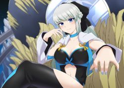 Rule 34 | 1girl, black bow, black dress, blue eyes, blue nails, bow, braid, breasts, center opening, cleavage, clothing cutout, crossed legs, dress, fate/grand order, fate (series), french braid, grey hair, highres, large breasts, lipstick, long hair, looking at viewer, makeup, morgan le fay (fate), nail polish, sitting, solo, stomach cutout, thighhighs, two-tone dress, yata masahara
