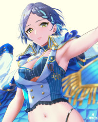 Rule 34 | 1girl, aqua ribbon, armpits, blue hair, blush, bra, braid, braided bangs, breasts, buttons, chain, coat, coat on shoulders, crop top, earrings, hair ornament, hair ribbon, hayami kanade, highleg, highres, idolmaster, idolmaster cinderella girls, infinote, jewelry, looking at viewer, medal, medium breasts, midriff, navel, outstretched arm, parted bangs, parted lips, ribbon, short hair, smile, solo, stomach, underwear, yellow eyes