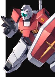 Rule 34 | absurdres, arm shield, assault visor, black background, commentary, earth federation, gm (mobile suit), gun, gundam, highres, holding, holding gun, holding weapon, mecha, mobile suit, mobile suit gundam, no humans, robot, science fiction, solo, takahashi masaki, two-tone background, weapon, white background
