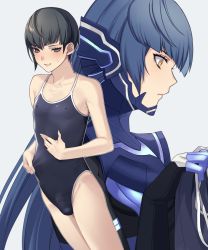 Rule 34 | 1boy, androgynous, armpit crease, asymmetrical hair, black hair, blue bodysuit, blue hair, blue one-piece swimsuit, blush, bodysuit, bulge, commentary request, covered erect nipples, crossdressing, erection, erection under clothes, feet out of frame, from side, grey eyes, hand on own chest, hand up, highleg, highleg swimsuit, long hair, male focus, morimiya (kuroro), multiple views, naughty face, one-piece swimsuit, protagonist (smtv), school swimsuit, shin megami tensei, shin megami tensei v, short hair, simple background, skin tight, swimsuit, thighs, upper body, white background, yellow eyes