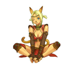 Rule 34 | 00s, 1girl, animal ears, barefoot, blonde hair, blue eyes, breasts, butterfly sitting, circlet, elbow gloves, feet, female focus, final fantasy, final fantasy xi, full body, gloves, hands on feet, mithra (ff11), one eye closed, ponytail, short hair, simple background, sitting, smile, solo, tail, wink, yuccoshi