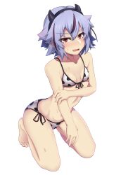 Rule 34 | 1girl, absurdres, agu (antyosan), animal print, blush, breasts, cleavage, commentary, cow print, fake horns, full body, genderswap, hair flaps, highres, horns, kneeling, looking at viewer, meika mikoto, multicolored hair, navel, open mouth, purple hair, red eyes, short hair, simple background, small breasts, solo, streaked hair, sweatdrop, vocaloid, white background