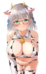 Rule 34 | 1girl, absurdres, alternate costume, animal ears, animal print, arm under breasts, bell, bent over, bikini, blunt bangs, blush, breasts, cleavage, closed mouth, commentary request, cow ears, cow horns, cow print, cow print bikini, detached collar, elbow gloves, glasses, gloves, green eyes, grey hair, hair ribbon, highres, hololive, horns, imosatsumaa, jingle bell, large breasts, looking at viewer, medium hair, mole, mole on breast, navel, neck bell, print bikini, ribbon, shirogane noel, shirogane noel (casual), simple background, solo, swimsuit, thighhighs, virtual youtuber, white background