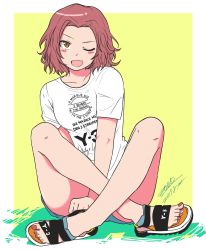 Rule 34 | 1girl, ;d, adidas, artist name, between legs, blue shorts, blush stickers, brown eyes, casual, clothes writing, commentary, dated, fang, full body, german text, girls und panzer, hand between legs, highres, indian style, leaning to the side, medium hair, one eye closed, open mouth, outside border, red hair, rosehip (girls und panzer), sandals, shirt, short shorts, short sleeves, shorts, signature, sitting, skin fang, smile, solo, t-shirt, translated, v arms, white footwear, white shirt, y-3, yellow background, zono (inokura syuzo029)