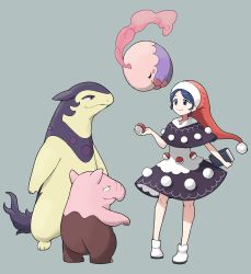 Rule 34 | 1girl, absurdres, alternate color, black capelet, blue eyes, blue hair, blush, blush stickers, book, capelet, closed mouth, creatures (company), crossover, dark blue hair, doremy sweet, dress, drowzee, floating, full body, game freak, gen 1 pokemon, gen 5 pokemon, grey background, hat, highres, hisuian typhlosion, holding, holding book, holding poke ball, itatatata, knees, munna, nightcap, nintendo, parted bangs, poke ball, pokemon, pokemon (creature), pom pom (clothes), red eyes, red headwear, santa hat, shiny pokemon, simple background, smile, smoke, standing, touhou, trait connection, white dress, white footwear