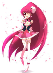 Rule 34 | 10s, 1girl, aino megumi, blush, boots, cure lovely, earrings, hair ornament, happinesscharge precure!, happy, haru (nature life), heart, heart hair ornament, high heels, jewelry, long hair, looking at viewer, magical girl, one eye closed, open mouth, pink eyes, pink hair, pink skirt, ponytail, precure, shirt, skirt, smile, solo, thigh boots, thighhighs, very long hair, vest, white background, white thighhighs, wink, wrist cuffs, zettai ryouiki