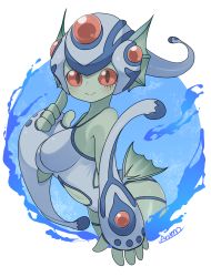 Rule 34 | 1girl, breasts, clothing cutout, digimon, fins, frog girl, headgear, helmet, highres, navel cutout, one-piece swimsuit, ranamon, red eyes, swimsuit, water, wide hips