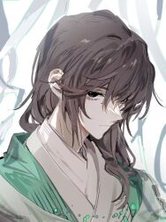 Rule 34 | 1boy, black eyes, brown hair, call of cthulhu, chinese clothes, closed mouth, green jacket, gu yanyu, hair over one eye, hair over shoulder, hanfu, highres, jacket, light frown, long hair, male focus, open clothes, open jacket, portrait, sanpaku, solo, tianyan jinian, xiaohuaitongxue