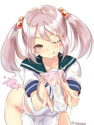 Rule 34 | 1girl, apron, blush, bottomless, hair bobbles, hair ornament, heart, highres, holding, holding clothes, holding panties, holding underwear, kantai collection, long hair, mayonnaise, one eye closed, panties, pink eyes, pink hair, pink panties, presenting removed panties, rabbit, sailor collar, sazanami (kancolle), school uniform, serafuku, short sleeves, simple background, smile, stained panties, suggestive fluid, takase muh, tongue, twintails, underwear, unworn panties, white background