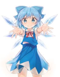 Rule 34 | 1girl, bad id, bad twitter id, blue dress, blue eyes, blue hair, bow, cirno, dress, hair ornament, hair ribbon, highres, ice, ice wings, incoming hug, looking at viewer, matching hair/eyes, outstretched arms, puffy sleeves, ribbon, shinova, shnva, short sleeves, simple background, smile, solo, touhou, white background, wings
