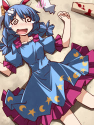 Rule 34 | 1girl, @ @, ambiguous red liquid, animal ears, blood, bloody weapon, blue dress, blue hair, blush, rabbit ears, crossed bandaids, dress, hemogurobin a1c, lying, mallet, on back, on ground, open mouth, puffy short sleeves, puffy sleeves, seiran (touhou), short sleeves, solo, squiggle, tears, touhou, twintails, weapon