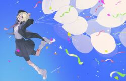 Rule 34 | 1girl, absurdres, balloon, black eyes, black jacket, black shorts, black skirt, blonde hair, blue sky, breasts, collared shirt, commentary request, confetti, floating hair, highres, jacket, kajiwara 3, leg warmers, long sleeves, looking at viewer, medium breasts, open clothes, open jacket, open mouth, original, pleated skirt, school uniform, shirt, short hair with long locks, shorts, shorts under skirt, skirt, sky, smile, solo, star (symbol), teeth, upper teeth only, white footwear, white shirt