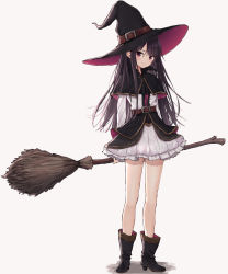 Rule 34 | 1girl, akipeko, arms behind back, bare legs, belt, belt buckle, black capelet, black footwear, black hair, black hat, blush, boots, broom, buckle, capelet, center frills, closed mouth, dress, frills, full body, hat, highres, holding, holding broom, knee boots, long hair, long sleeves, looking at viewer, original, purple eyes, smile, solo, standing, two-sided fabric, two-sided headwear, very long hair, white dress, witch, witch hat