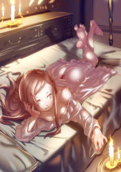 Rule 34 | 1girl, bed, brown hair, candle, candlelight, dresser, feet, fire, fire, glowing, matches, pajamas, smoke