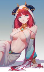 Rule 34 | 1girl, bare shoulders, blue eyes, breasts, gem, genshin impact, hand on own hip, harem outfit, highres, horns, lettereast, long hair, long sleeves, medium breasts, navel, nilou (genshin impact), nipple slip, nipples, open mouth, puffy long sleeves, puffy sleeves, red hair, revealing clothes, skirt, stomach, vambraces, veil
