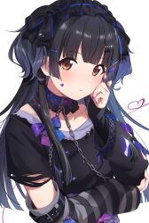 Rule 34 | 1girl, belt collar, black hair, brown eyes, collar, commentary request, detached sleeves, hair ornament, hairclip, headdress, highres, idolmaster, idolmaster shiny colors, knokzm, long hair, looking at viewer, mayuzumi fuyuko, nail polish, purple nails, sleeves past wrists, solo, two side up, upper body, white background