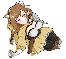 Rule 34 | black corset, braid, braided ponytail, breasts, brown hair, corset, fire emblem, fire emblem engage, goldmary (fire emblem), highres, hooded top, large breasts, low ponytail, mole, mole on breast, nintendo, oda32t, ribbon, single shoulder pad, skirt, white ribbon, yellow eyes, yellow skirt