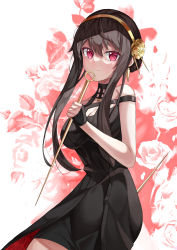 Rule 34 | 1girl, absurdres, bare shoulders, black dress, black hair, breasts, cleavage, cowboy shot, dagger, dress, floral background, hairband, highres, holding, holding dagger, holding knife, holding weapon, kd (kdh45689), knife, long hair, red eyes, smile, solo, spy x family, two-sided dress, two-sided fabric, weapon, yor briar