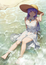 Rule 34 | 10s, 1girl, barefoot, black light, dress, feet, hat, highres, jewelry, long hair, looking at viewer, monster strike, ocean, pendant, purple eyes, purple hair, see-through, sitting, solo, straw hat, toes, water, wet, wet clothes