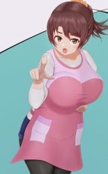 Rule 34 | 1girl, apron, breasts, brown eyes, brown hair, buddy daddies, hanyu anna, large breasts, looking at viewer, plump, pointing, pointing at viewer, shorts, solo, thick thighs, thighs