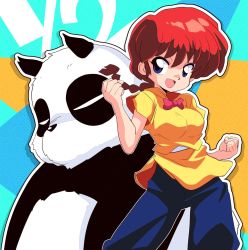 Rule 34 | 1girl, blue background, blue eyes, blue pants, bow, breasts, father and son, highres, multicolored background, open mouth, orange background, orange shirt, panda, pants, ranma-chan, ranma 1/2, red bow, red hair, sakurajyousui nami, saotome genma, saotome genma (panda), saotome ranma, shirt, size difference