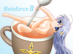 Rule 34 | 00s, 1girl, cup, drink, hair ornament, in container, in cup, lyrical nanoha, mahou shoujo lyrical nanoha, mahou shoujo lyrical nanoha strikers, mini person, minigirl, nude, reinforce zwei, solo, x hair ornament, yamaguchi ugou