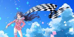 Rule 34 | 1girl, black hair, checkered flag, cloud, confetti, contrapposto, day, earrings, fate/grand order, fate (series), flag, hair ribbon, hand on own hip, highres, hood, hoodie, hoop earrings, ishtar (fate), jewelry, karasaki, long hair, looking afar, red eyes, ribbon, single thighhigh, sky, solo, standing, swimsuit, swimsuit under clothes, thighhighs, tohsaka rin, two side up, wind