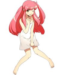 Rule 34 | 1girl, ;), barefoot, blush, feet, from above, full body, log horizon, long hair, male focus, naked towel, official art, one eye closed, parted lips, pink hair, sitting, smile, solo, tetra (log horizon), towel, towel tug, transparent background, very long hair, white towel