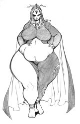 Rule 34 | 1girl, belly, breasts, fat, full body, huge breasts, jmanvelez, large breasts, looking at viewer, midna, midna (true), monochrome, nintendo, solo, spoilers, standing, the legend of zelda, the legend of zelda: twilight princess, thick thighs, thighs, wide hips