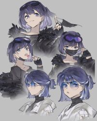 Rule 34 | 1girl, :o, andreana (arknights), andreana (silent arrow) (arknights), arknights, black gloves, black jacket, black mask, black shirt, black sweater, blue-tinted eyewear, blue eyes, candy, chikoku no oni, commentary, cropped torso, fingerless gloves, food, fur-trimmed jacket, fur trim, gloves, goggles, goggles on head, grey background, hand up, highres, holding, holding candy, holding food, holding lollipop, holding mask, jacket, lollipop, looking at viewer, looking to the side, mask, mouth mask, multiple views, off shoulder, official alternate costume, open mouth, profile, purple hair, shirt, short hair, short ponytail, simple background, smile, sweater, teeth, tinted eyewear, tongue, turtleneck, upper body, upper teeth only, white jacket