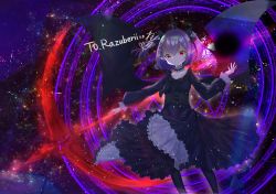 Rule 34 | 1girl, absurdres, black hole, black legwear, commission, corset, dress, feet out of frame, female focus, glowing, glowing weapon, gothic lolita, highres, holding, holding weapon, lolita fashion, looking at viewer, magic circle, nettian51, original, purple hair, red eyes, rika roseingrave, scythe, solo, star (symbol), starry background, weapon