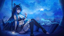 Rule 34 | 1girl, anklet, black bra, black skirt, black thighhighs, blue eyes, blue hair, bra, bracelet, breasts, cellphone, cleavage, clickdraws, cloud, cloudy sky, couch, curtains, dragon girl, dragon horns, dragon tail, earpiece, full body, goth fashion, gothic, highres, holding, horns, indie virtual youtuber, jewelry, long hair, looking at viewer, moon, night, night sky, phone, qyona (vtuber), sitting, skirt, sky, solo, spiked bracelet, spikes, stirrup legwear, tail, thighhighs, toeless legwear, underwear, virtual youtuber, window